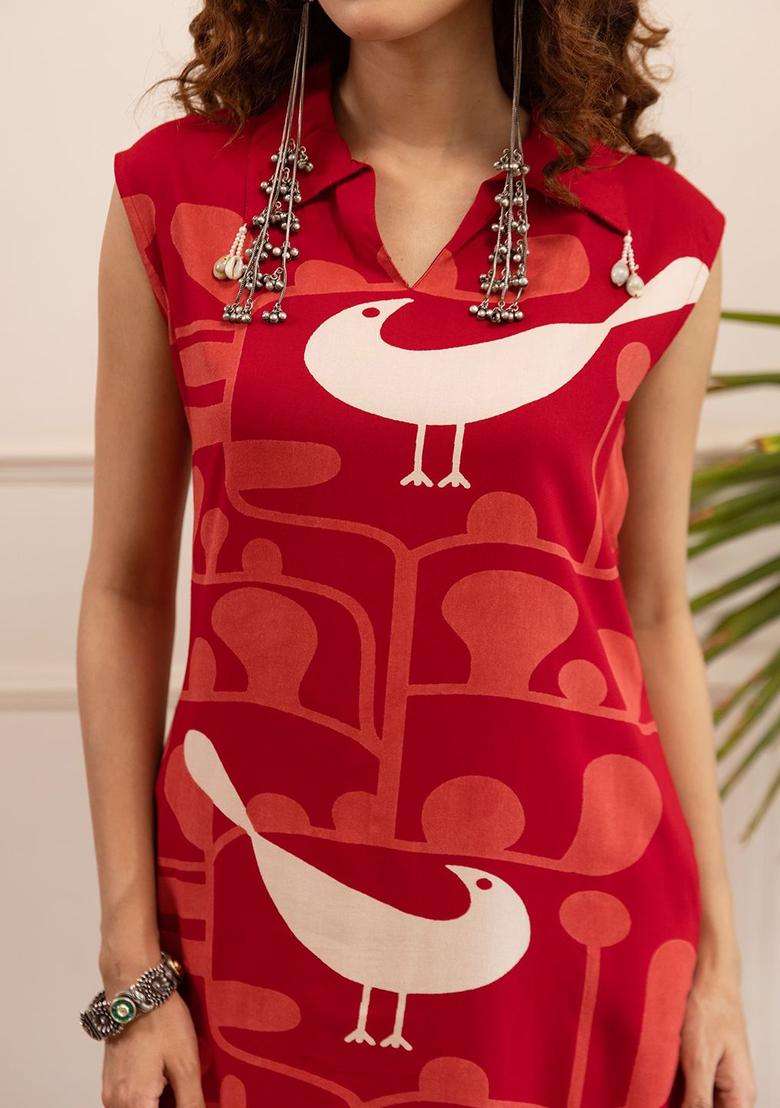 Red Printed Cotton Kurta Set - Indya