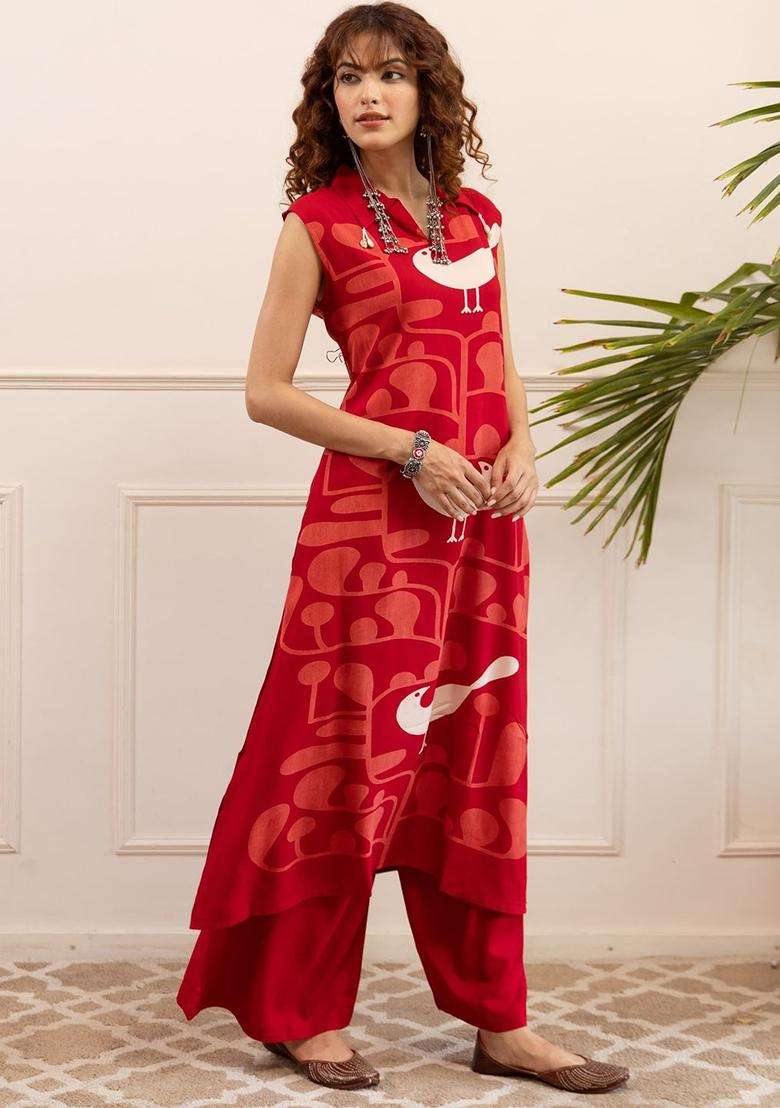 Red Printed Cotton Kurta Set - Indya