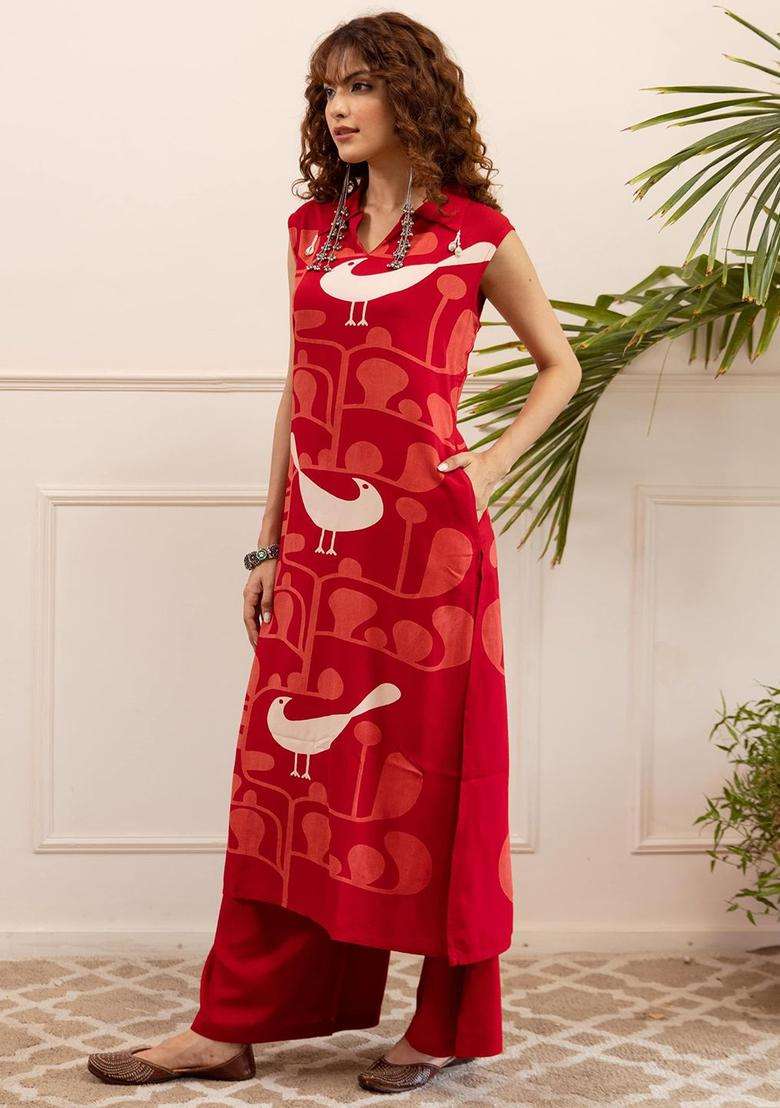 Red Printed Cotton Kurta Set - Indya