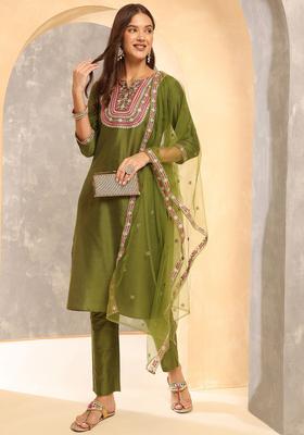 Olive Yoke Design Silk Blend Kurta Set