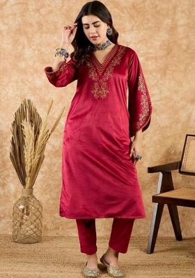 Maroon Printed Velvet Kurta Set