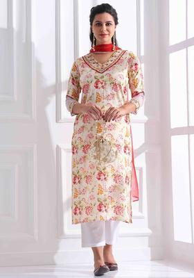 Beige Printed Cotton Kurta Set