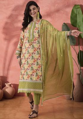Green Printed Cotton Kurta Set