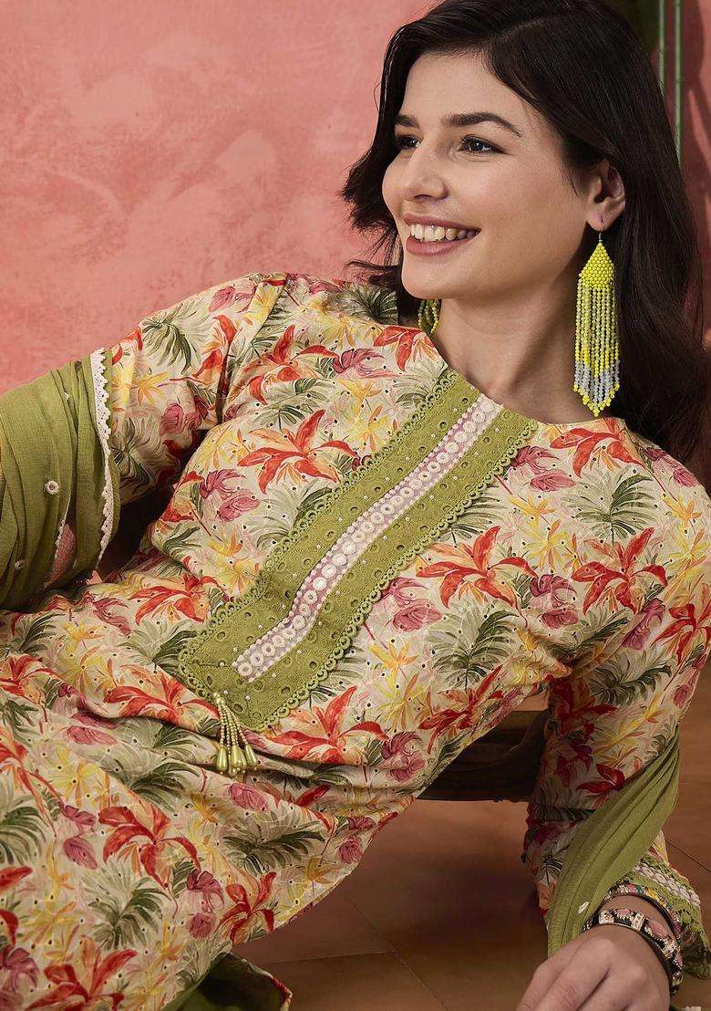 Green Printed Cotton Kurta Set - Indya