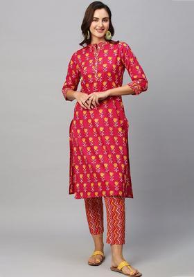Pink Printed Cotton Kurta Set