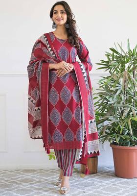 Blue Printed Cotton Kurta Set