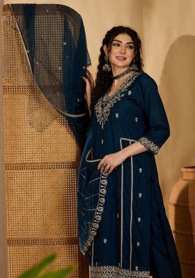 Teal Printed Silk Kurta Set