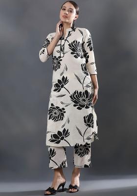 Off White Printed Cotton Kurta Set