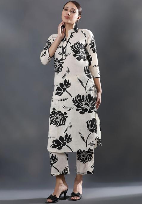 Off White Printed Cotton Kurta Set