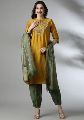 Mustard Embroidered Viscose Kurta Set