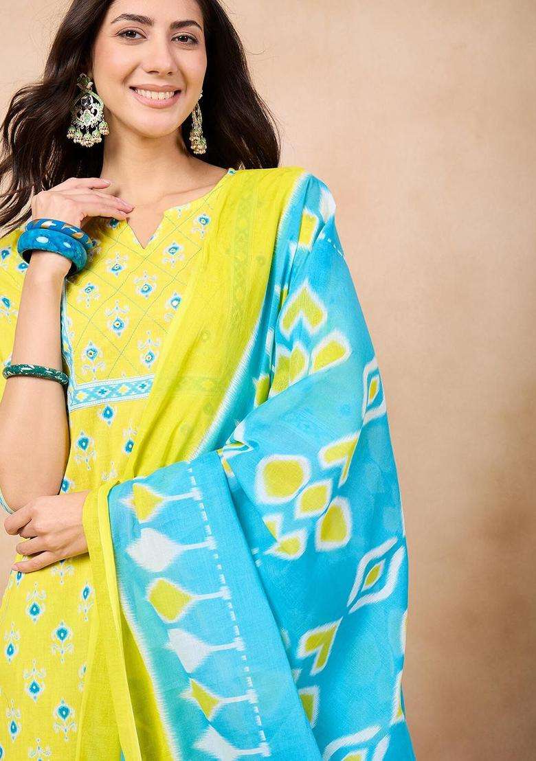 Yellow Printed Cotton Kurta Set - Indya