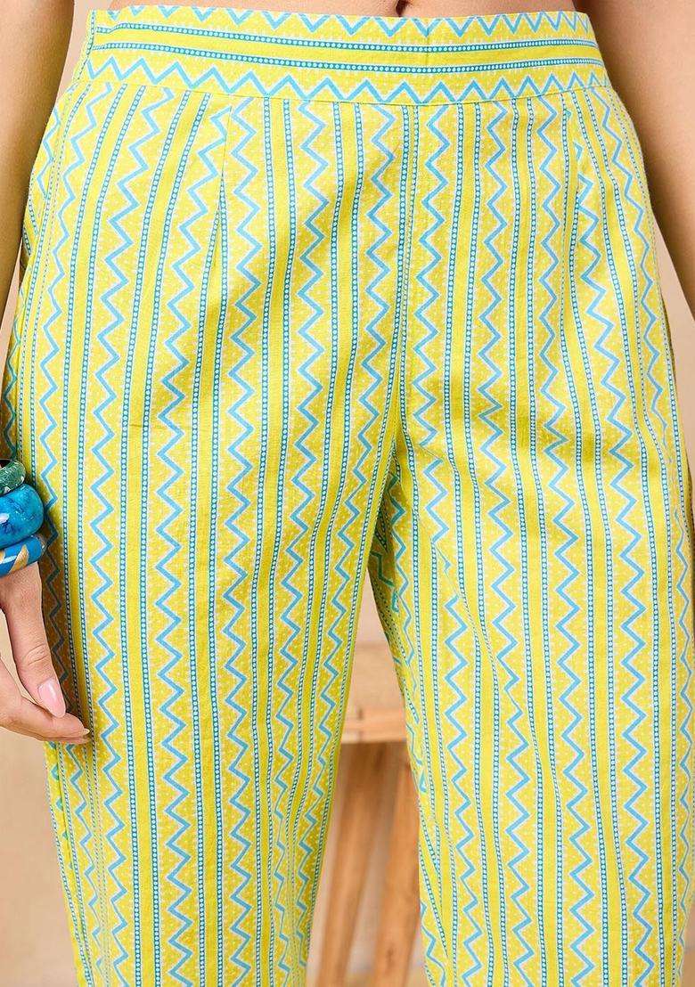 Yellow Printed Cotton Kurta Set - Indya