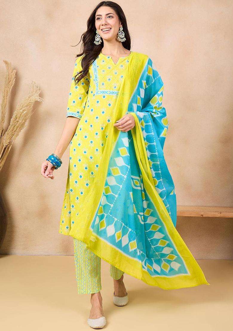 Yellow Printed Cotton Kurta Set - Indya