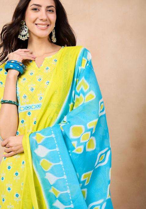 Yellow Printed Cotton Kurta Set