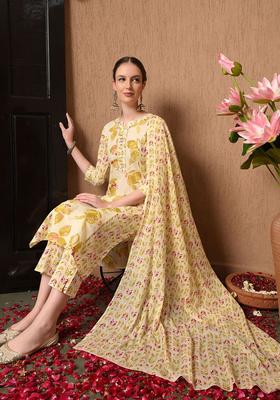 Beige Printed Cotton Kurta Set