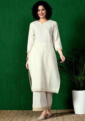 Off White Solid Cotton Kurta Set