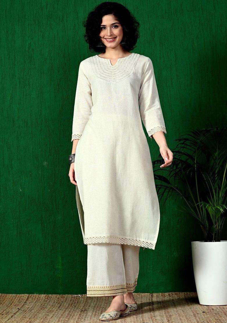 Off White Solid Cotton Kurta Set - Indya