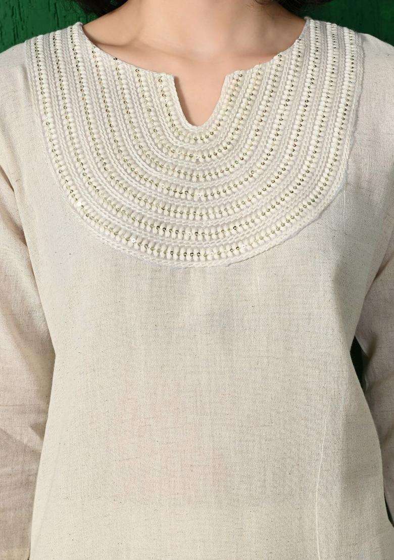 Off White Solid Cotton Kurta Set - Indya