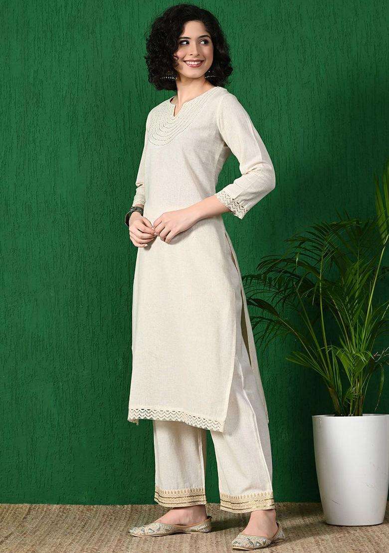Off White Solid Cotton Kurta Set - Indya