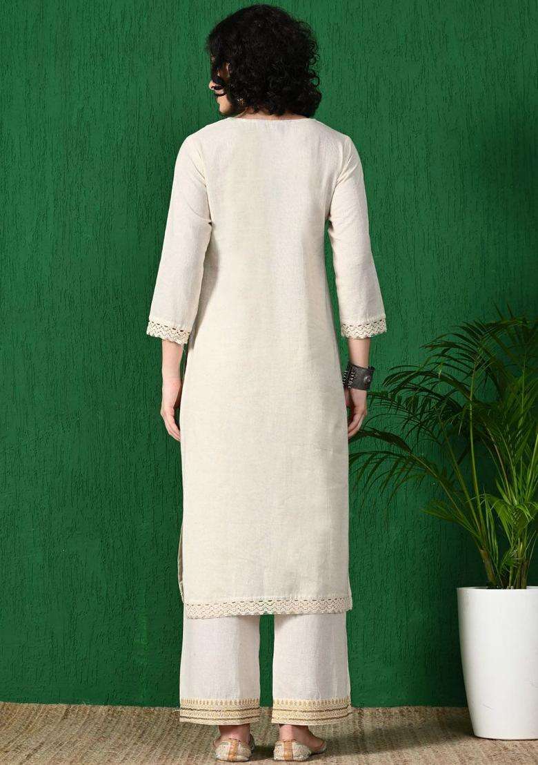 Off White Solid Cotton Kurta Set - Indya