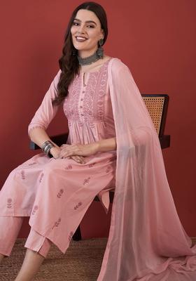Peach Embroidered Cotton Kurta Set