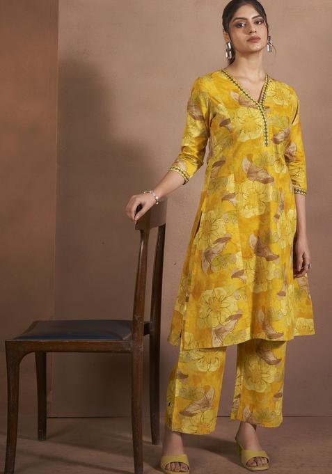 Yellow Printed Cotton Kurta Set — view on Indya