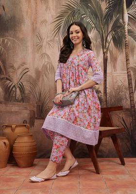 Lavender Printed Cotton Kurta Set