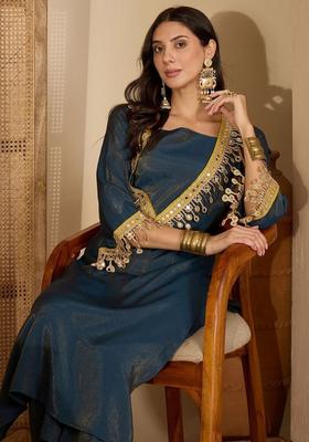 Teal Embroidered Silk Kurta Set