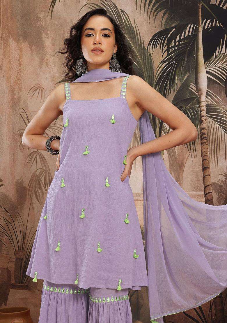 Lavender Embroidered Cotton Kurta Set - Indya
