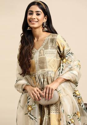 Yellow Printed Polyester Kurta Set