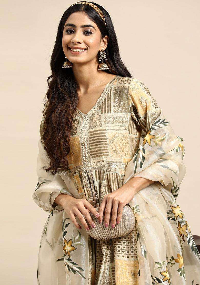 Yellow Printed Polyester Kurta Set - Indya