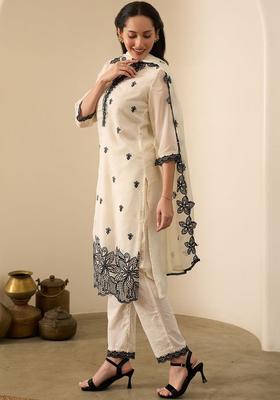 Off White Embroidered Organza Kurta Set