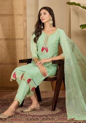 Green Embroidered Georgette Kurta Set