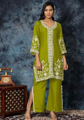 Green Embroidered Cotton Kurta Set