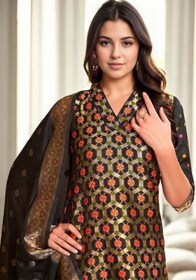 Black Woven Design Silk Kurta Set
