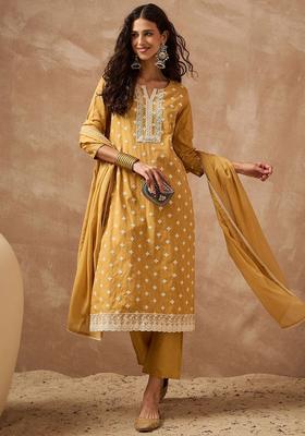 Mustard Embroidered Cotton Kurta Set