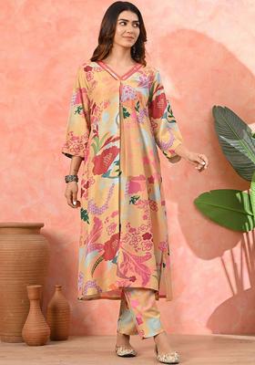 Mustard Printed Polyester Kurta Set