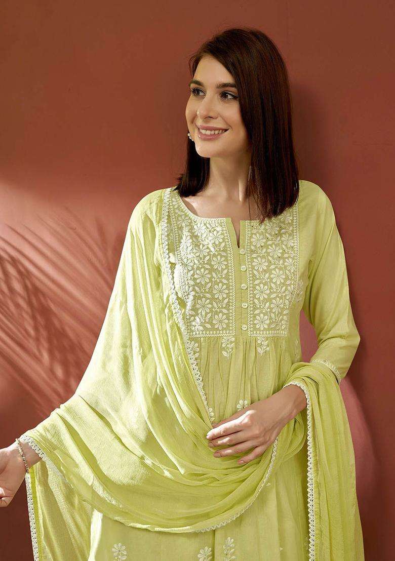 Lime Green Embroidered Cotton Kurta Set - Indya