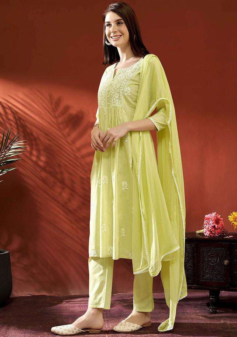 Lime Green Embroidered Cotton Kurta Set - Indya