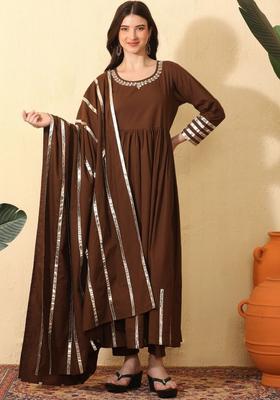 Brown Solid Cotton Kurta Set