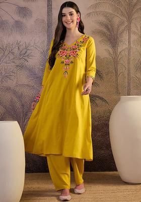 Mustard Embroidered Cotton Kurta Set