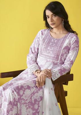 Lavender Printed Viscose Anarkali Set