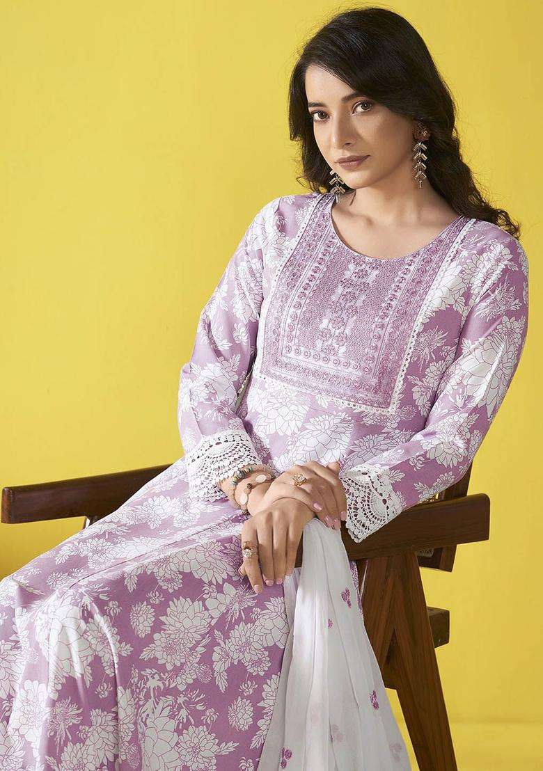 Lavender Printed Viscose Anarkali Set - Indya
