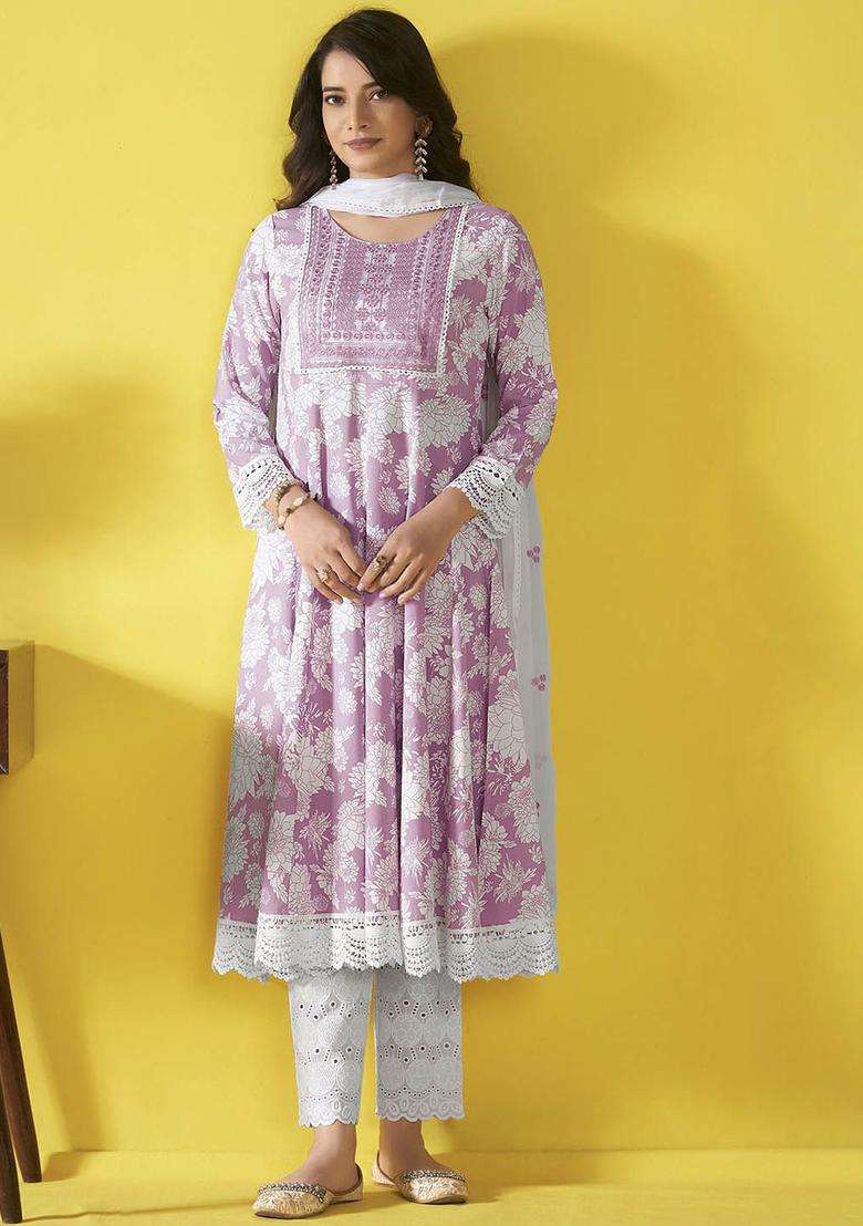 Lavender Printed Viscose Anarkali Set - Indya