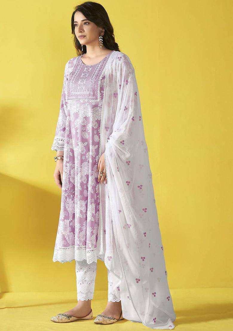 Lavender Printed Viscose Anarkali Set - Indya