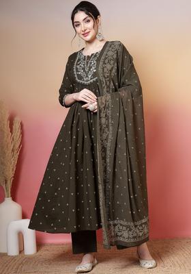 Green Printed Cotton Kurta Set