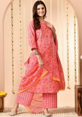 Pink Printed Cotton Kurta Set