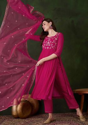 Pink Embroidered Georgette Kurta Set