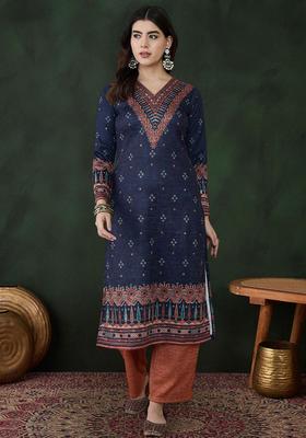 Navy Blue Printed Wool Blend Kurta Set