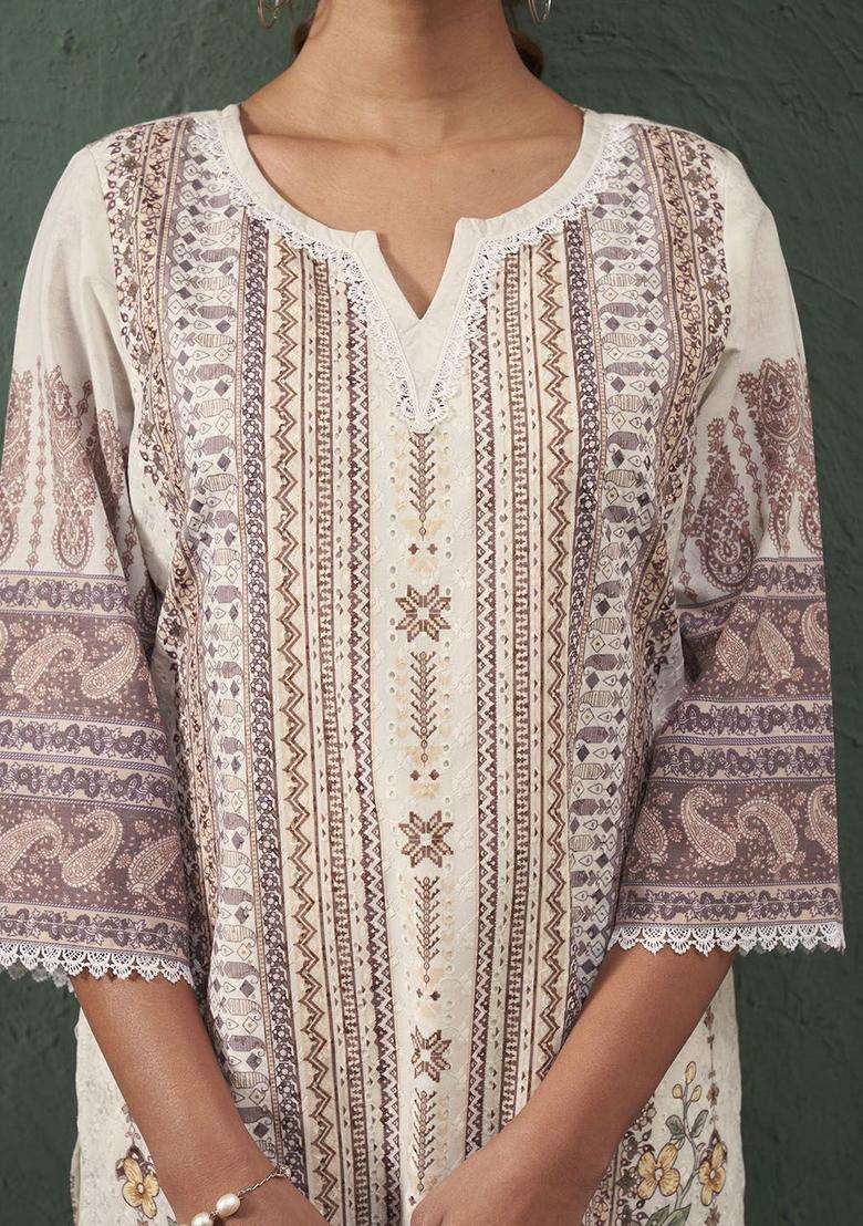 Cream  Cotton Kurta - Indya
